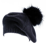 Black Cashmere Fur Pom Pom Beret