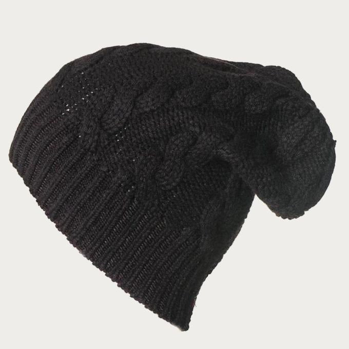 Black Cable Knit Cashmere Slouch Beanie