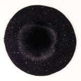 Black Crystal Cashmere Beret with Fur Pom Pom
