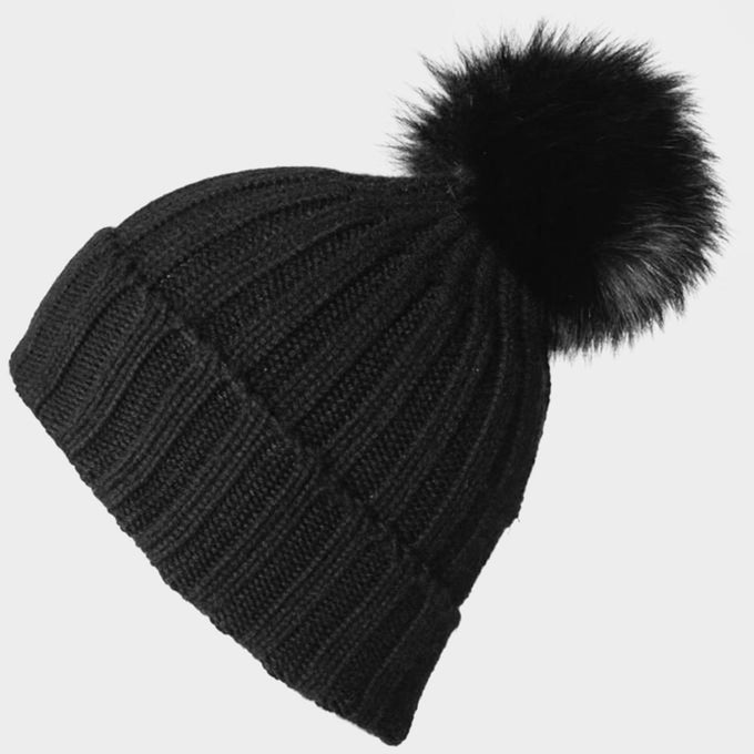 Black Cashmere Fur Pom Pom Hat