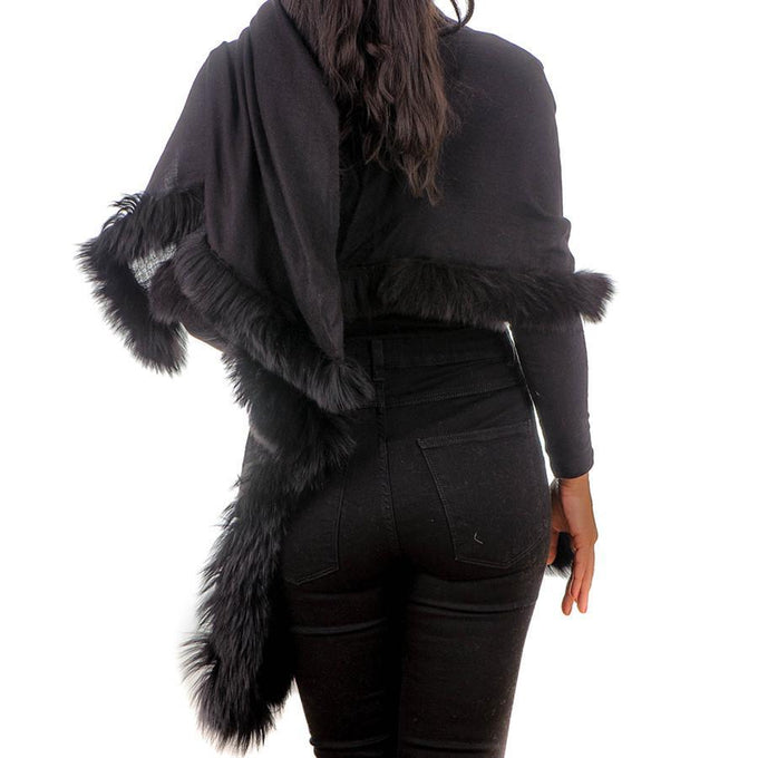 Fur Trimmed Black Cashmere Ring Shawl