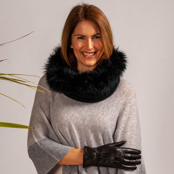 Black Cashmere Snood with Black Cashmere Fur Trim