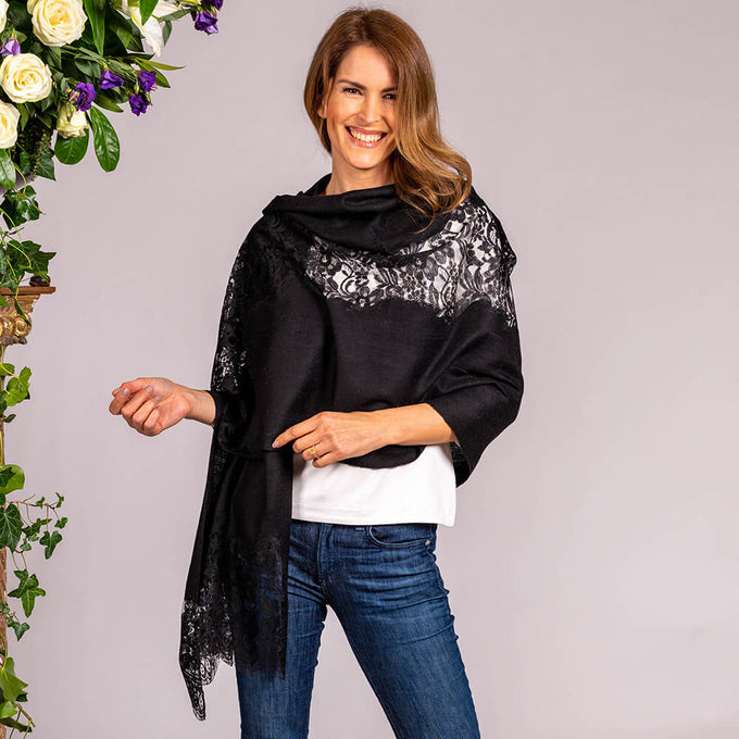 Black Cashmere and Chantilly Lace Shawl