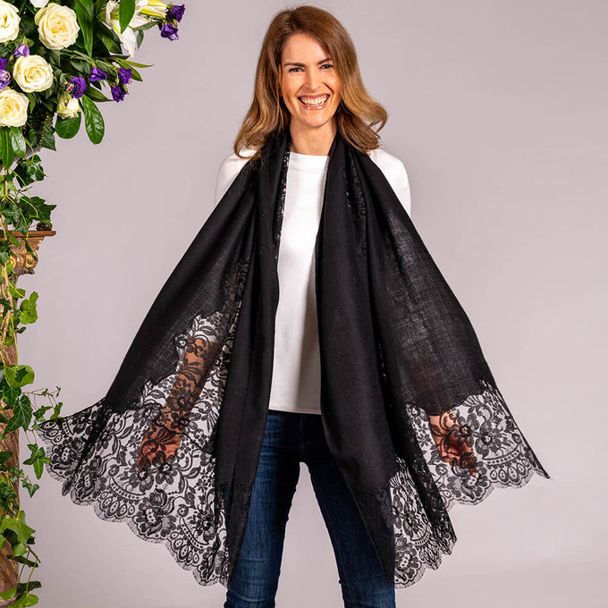 Black Cashmere and Chantilly Lace Shawl