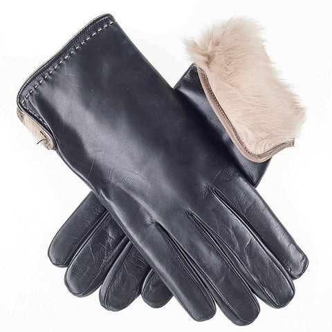 Black and Cream Rabbit Fur Lined Leather Gloves