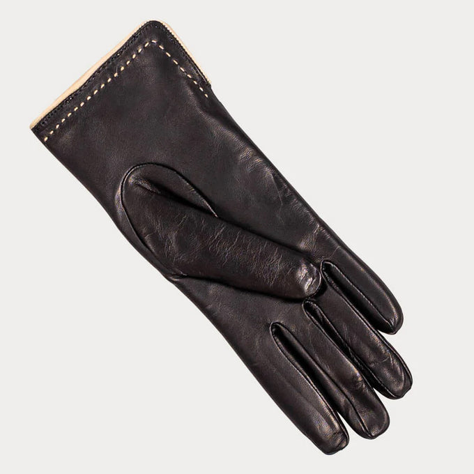 Black and Cream Rabbit Fur Lined Leather Gloves