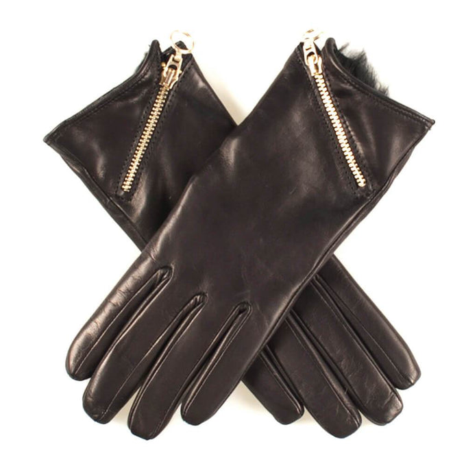 Ladies Black Rabbit Fur Lined Gloves with Zip