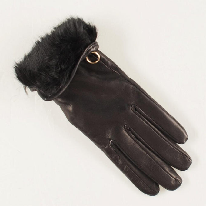 Ladies Black Rabbit Fur Lined Gloves with Zip