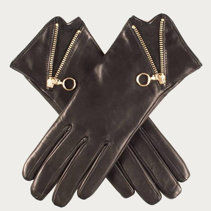 Ladies Black Rabbit Fur Lined Gloves with Zip