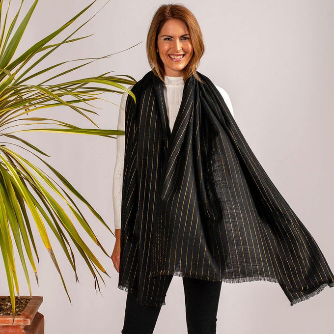 Black Cashmere Ring Shawl with White Stripe