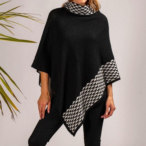 Black and Ivory Double Layer Cashmere Poncho