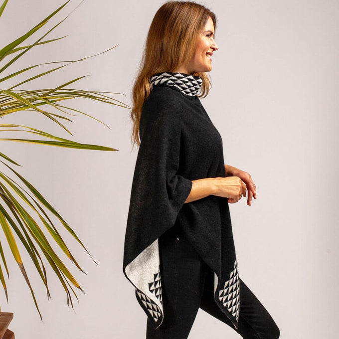 Black and Ivory Double Layer Cashmere Poncho