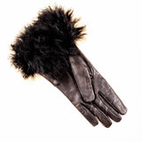 Black Leather Gloves with Black Cashmere Fur Cuff