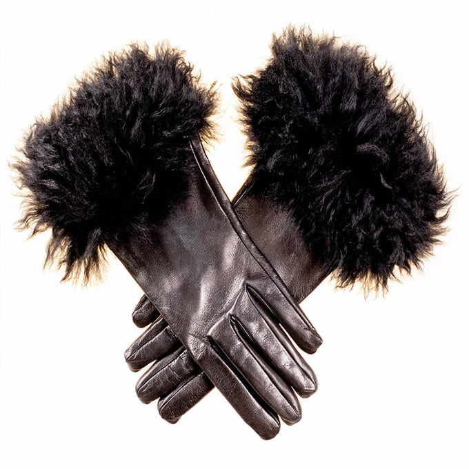 Black Leather Gloves with Black Cashmere Fur Cuff