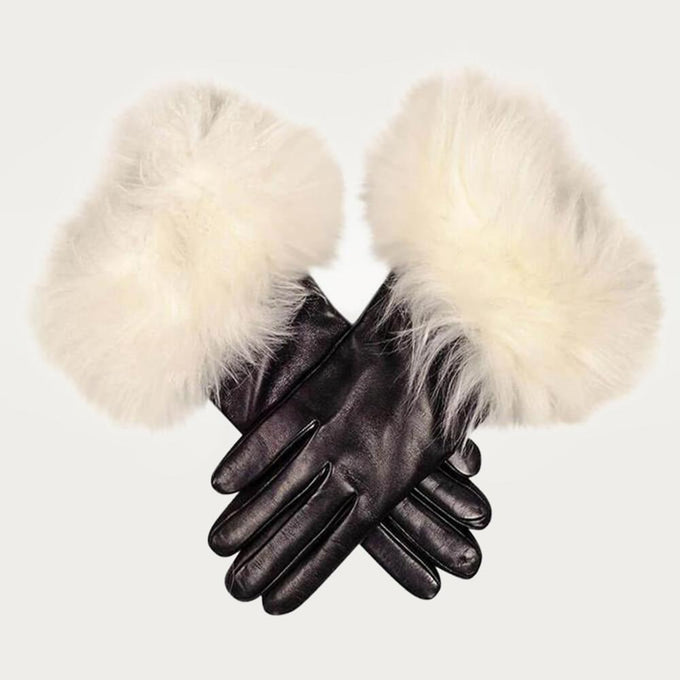 Black Leather Gloves with White Cashmere Fur Cuff