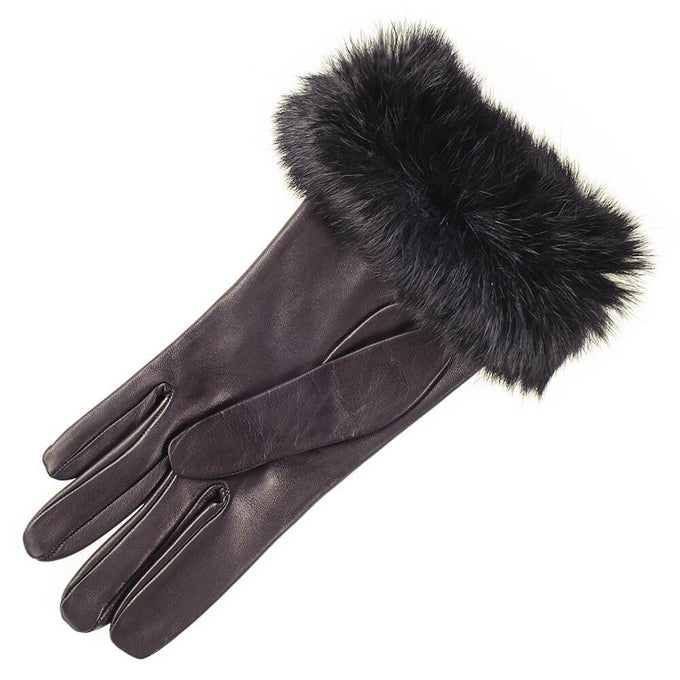 Ladies' Black Leather Gloves with Rabbit Fur Cuff