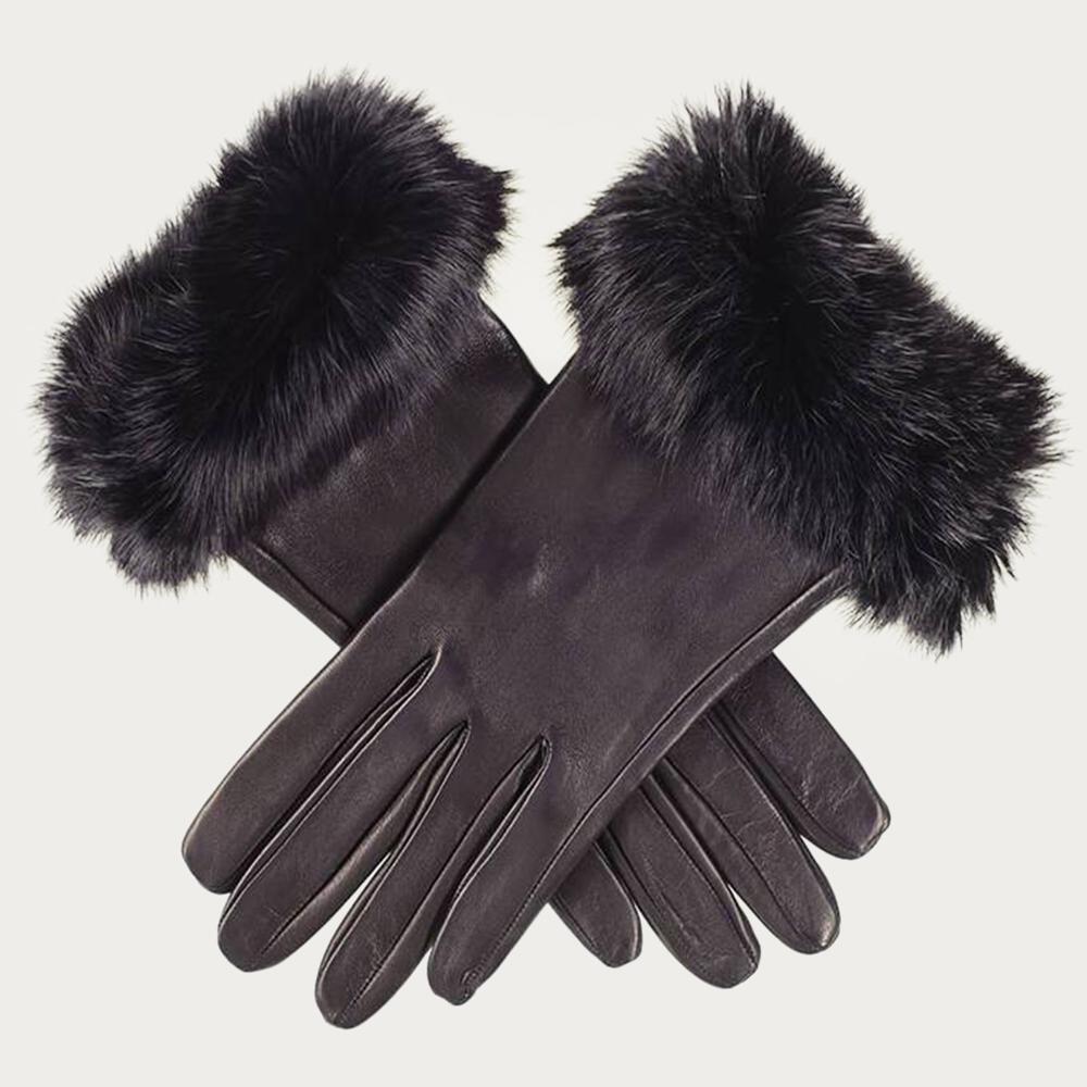 Ladies' Black Leather Gloves with Rabbit Fur Cuff –
