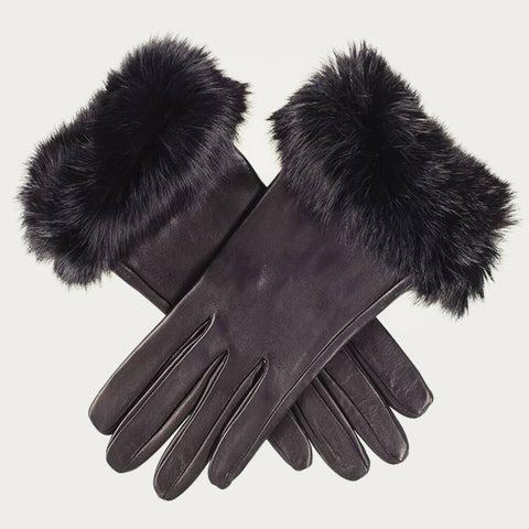 Ladies' Black Leather Gloves with Rabbit Fur Cuff