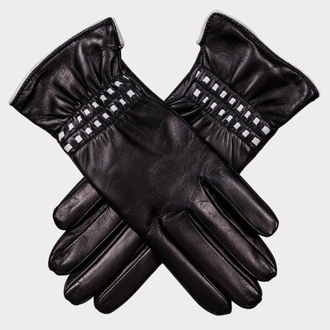 Black and White Italian Leather Gloves - Cashmere Lined