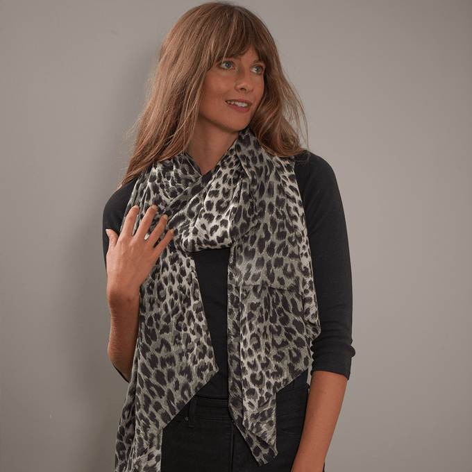 Black Leopard Print Cashmere and Silk Scarf
