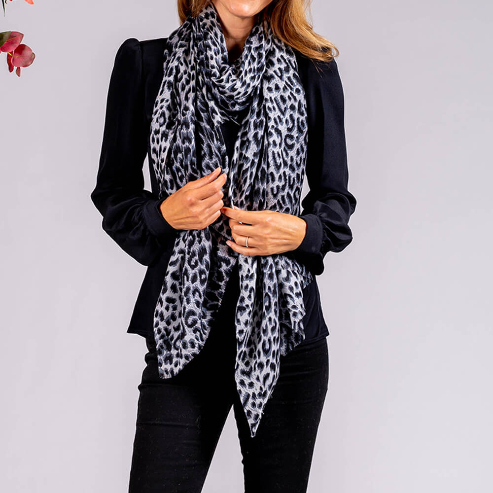 Black Leopard Print Silk Scarf –