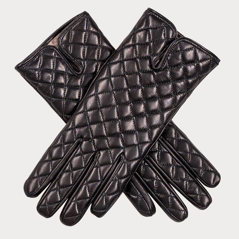 Black Quilted Cashmere Lined Leather Gloves