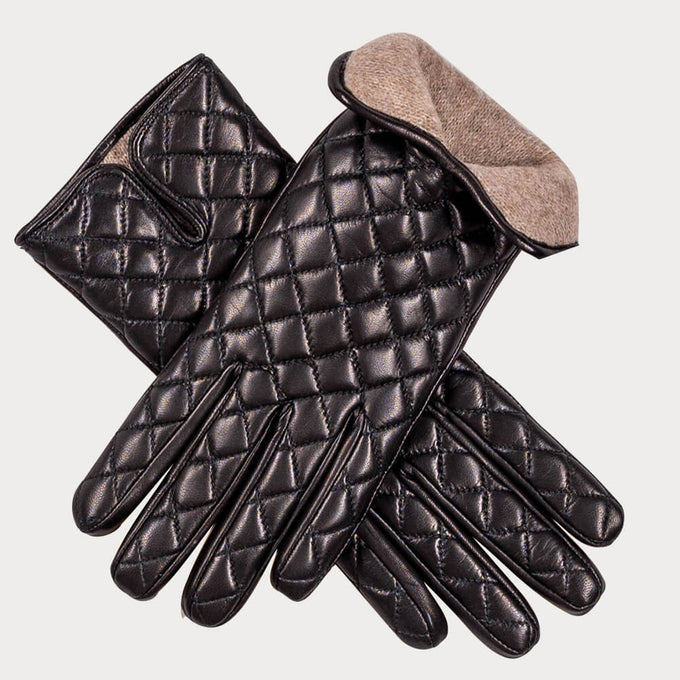 Black Quilted Cashmere Lined Leather Gloves