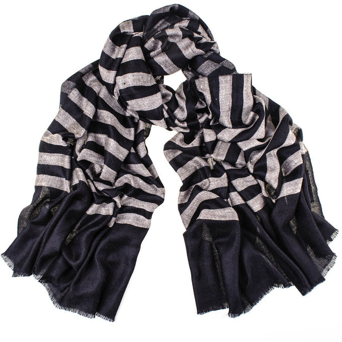 Black and Ivory Striped Cashmere Shawl