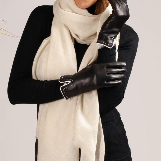 Black and Vanilla Rabbit Fur Lined Leather Gloves