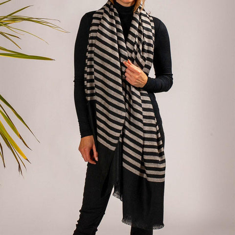 Black and Ivory Striped Cashmere Shawl