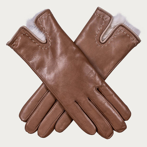 Camel and Cream Rabbit Fur Lined Leather Gloves