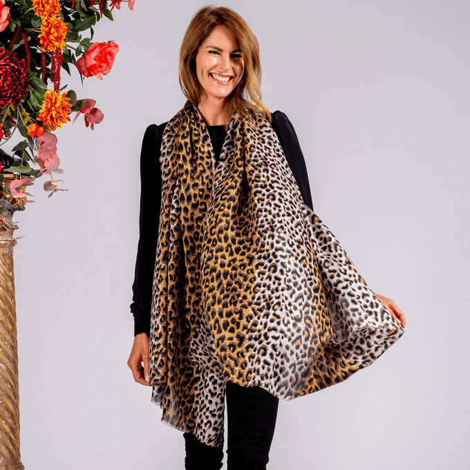 Brown Leopard Print Cashmere and Silk Scarf
