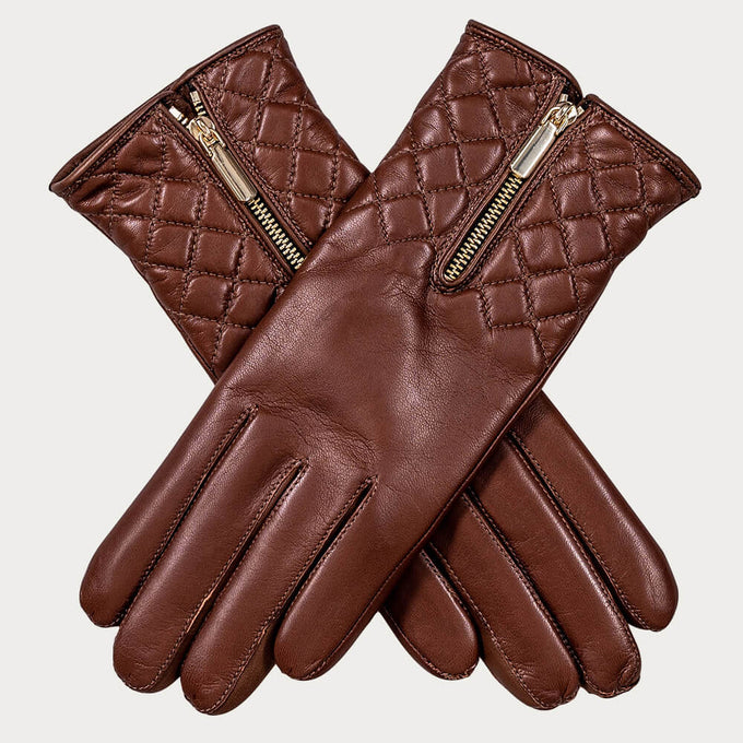 Hazelnut Quilted Leather Gloves with Zip - Cashmere Lined