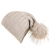 Light Taupe Cashmere and Fur Pom Pom Beanie