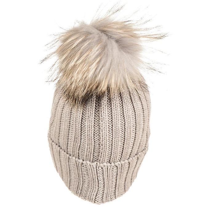 Light Taupe Cashmere and Fur Pom Pom Beanie