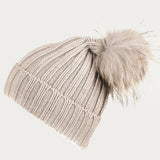 Light Taupe Cashmere and Fur Pom Pom Beanie