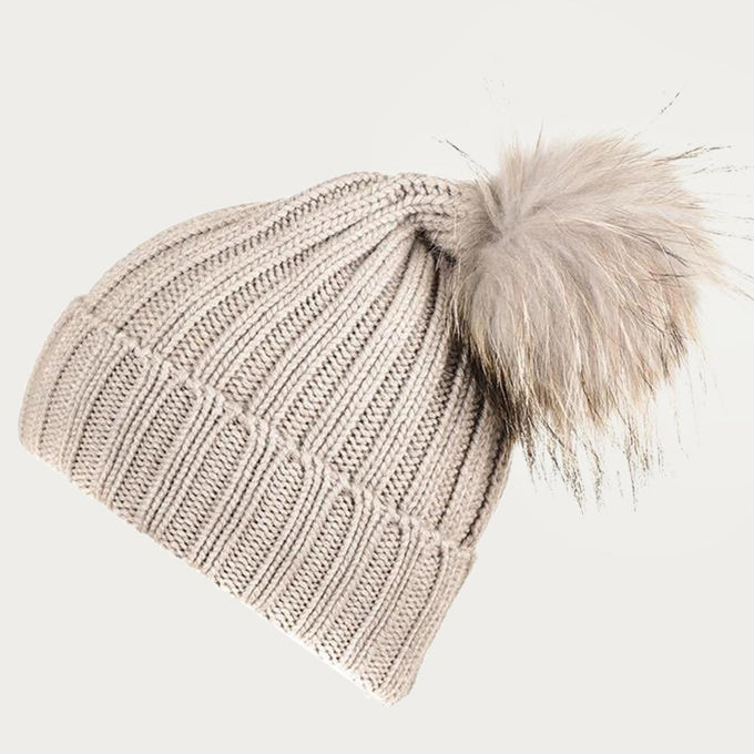 Light Taupe Cashmere and Fur Pom Pom Beanie