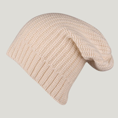 Ribbed Cream Cashmere Slouch Beanie Hat