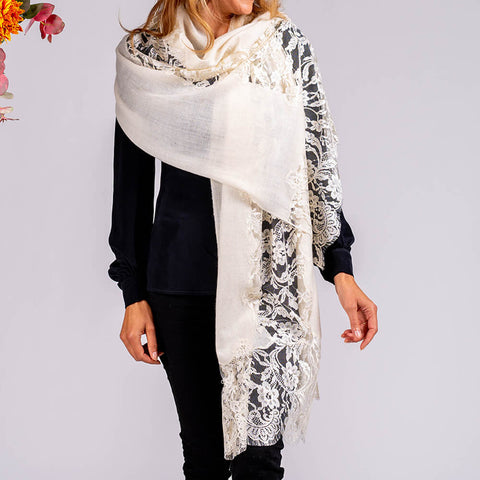 Cream Cashmere and Chantilly Lace Shawl