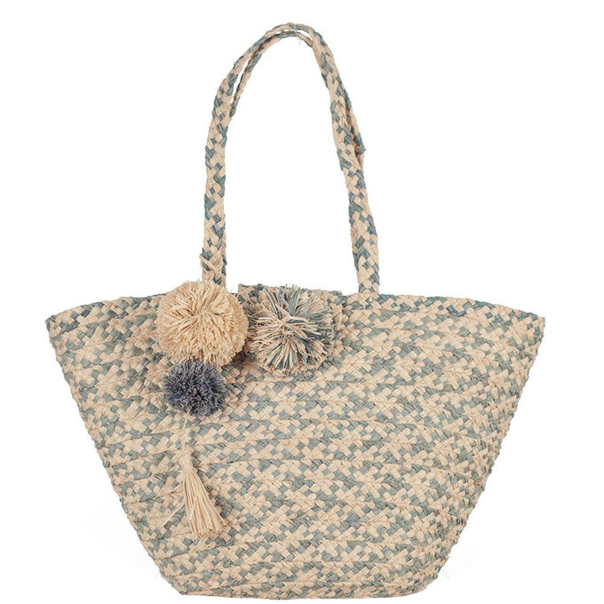 Marseilles Sea Green and Natural Pom Pom Tote