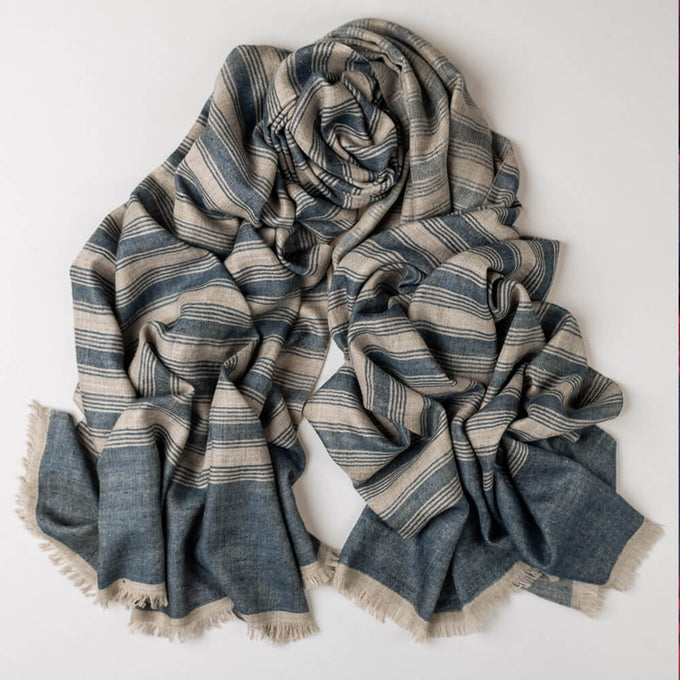 Denim Blue and Ecru Striped Cashmere Ring Shawl