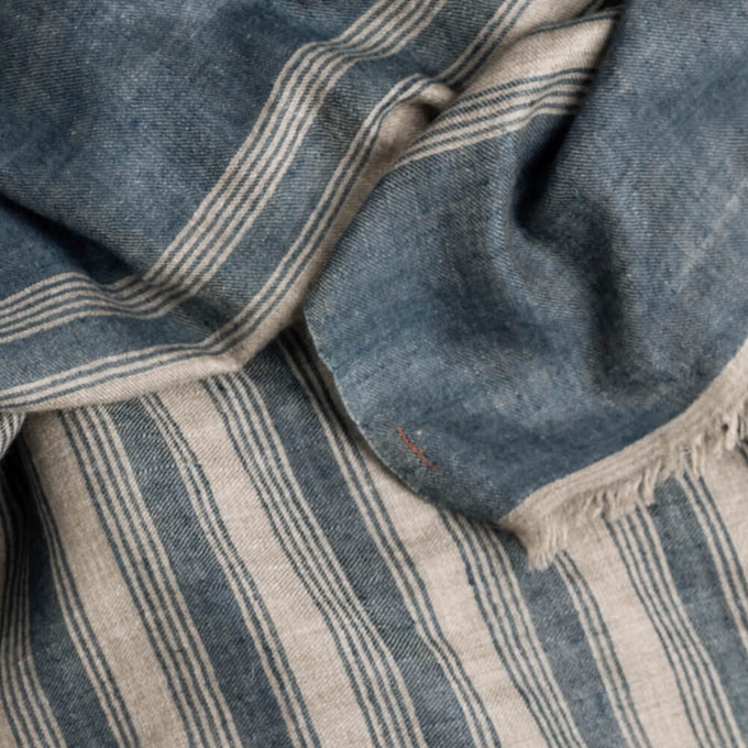 Denim Blue and Ecru Striped Cashmere Ring Shawl