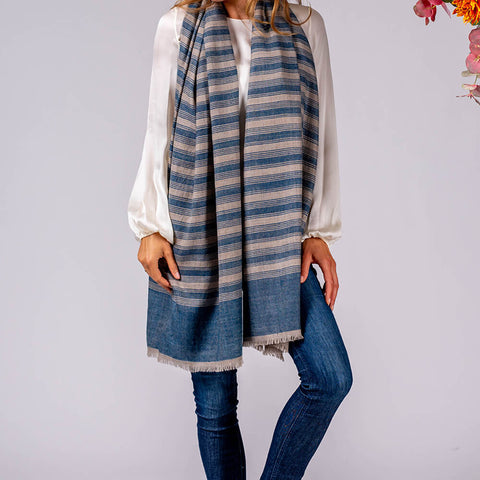 Denim Blue and Ecru Striped Cashmere Ring Shawl