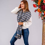 Denim Blue and Ecru Striped Cashmere Ring Shawl