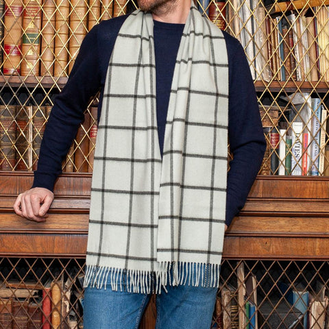 Duck Egg Blue Windowpane Check Cashmere Scarf