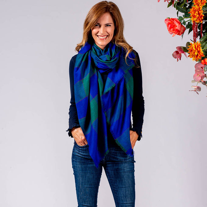 Emerald and Sapphire Check Cashmere Ring Shawl
