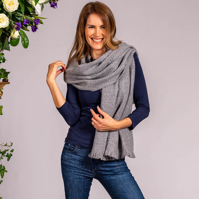Super Luxe Steel Grey Basket Weave Cashmere Shawl