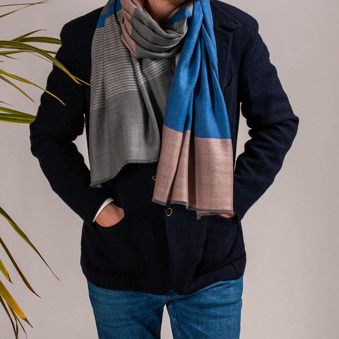 Russell Grey and Blue Wool and Silk Scarf