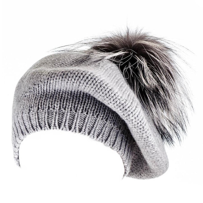 Silver Grey Cashmere Fur Pom Pom Beret