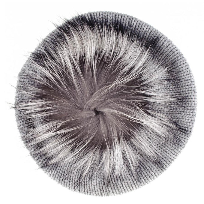 Silver Grey Cashmere Fur Pom Pom Beret